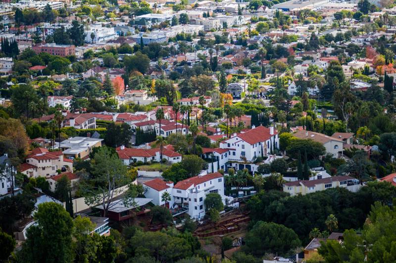 Hillside neighborhood of red-roofed homes in Southern California