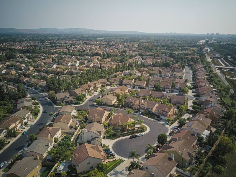 Aerial view of a hillside suburban subdivision