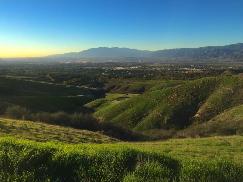 Green rolling hills at sunrise with mountains in the distance